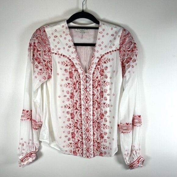 Hale Bob Mimi Embroidered Crepe Top XS White Pink Boho Hippie Floral - Picture 1 of 10